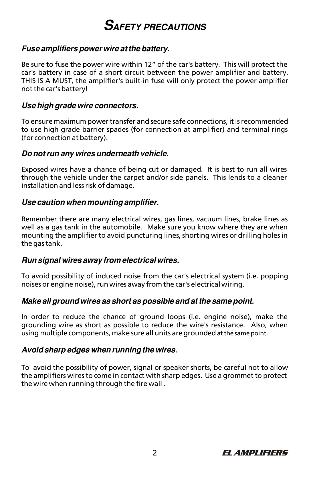 Bazooka ELA60.4, MAA60.4, ELA150.1, MAA500.1, ELA300.1, ELA60.2, ELA500.1 manual Safety Precautions 