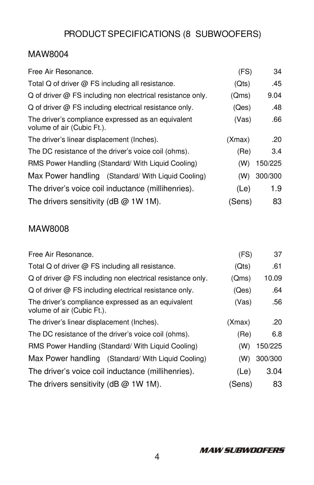 Bazooka MAW8008 manual Product Specifications 8 Subwoofers, MAW8004 