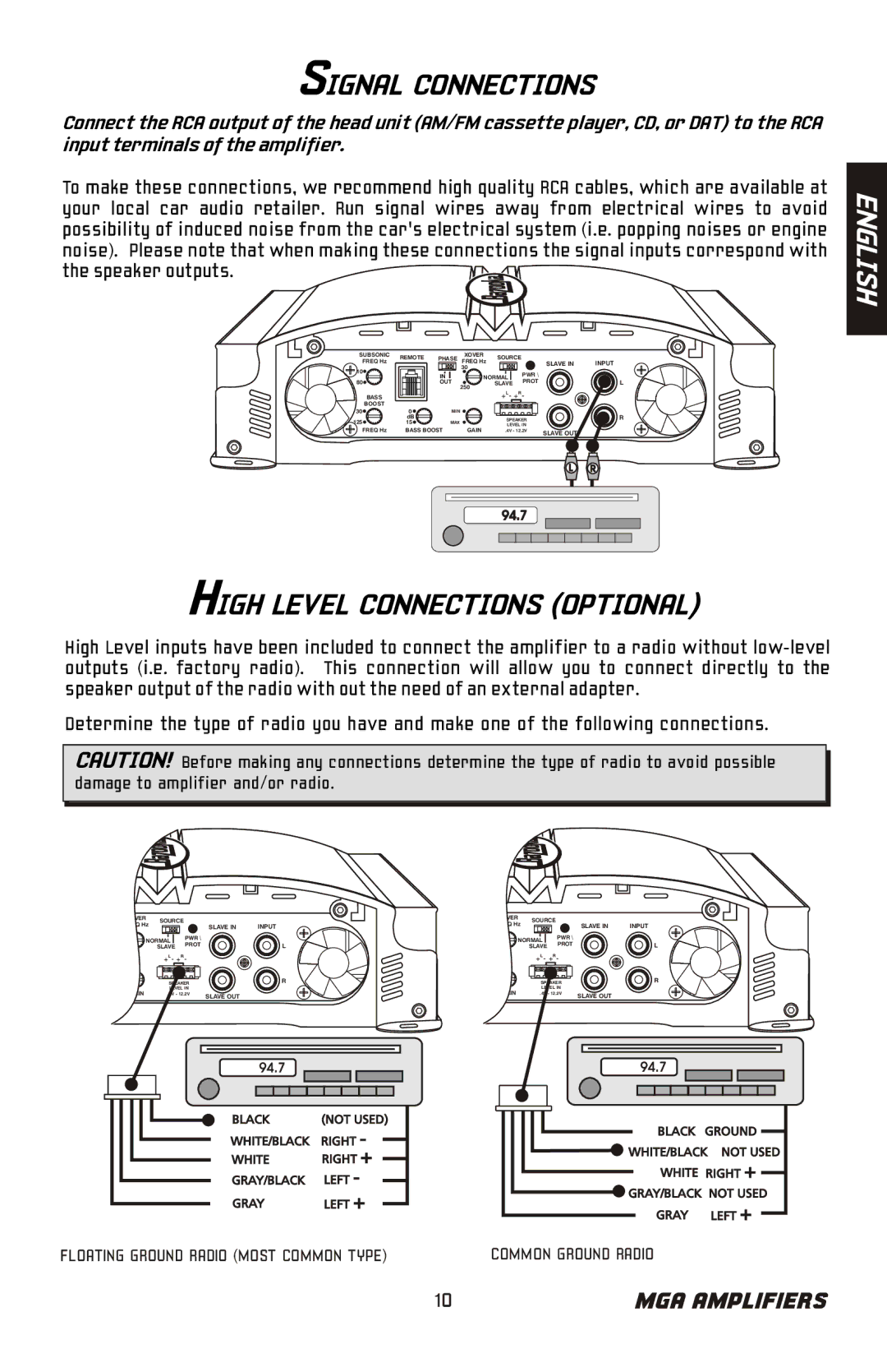 Bazooka MGA11000H, MGA11500H manual Signal Connections, High Level Connections Optional 