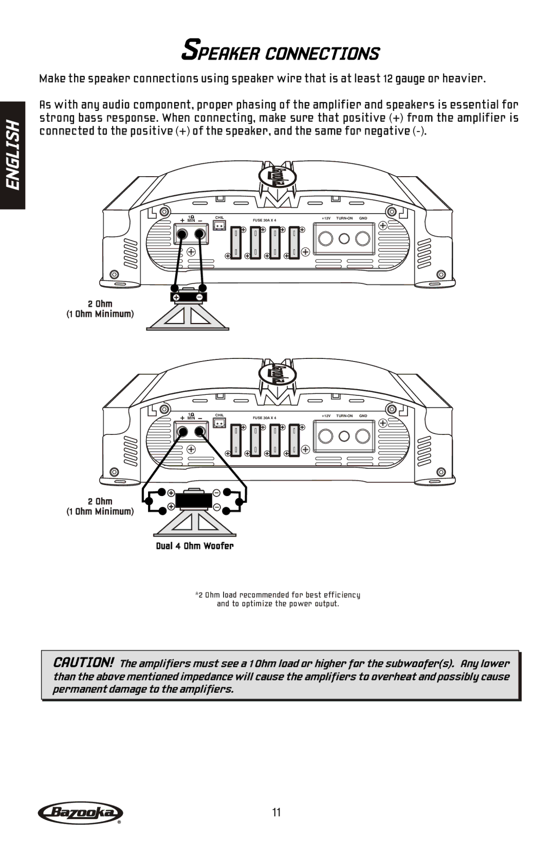 Bazooka MGA11500H, MGA11000H manual Speaker Connections, Ohm 