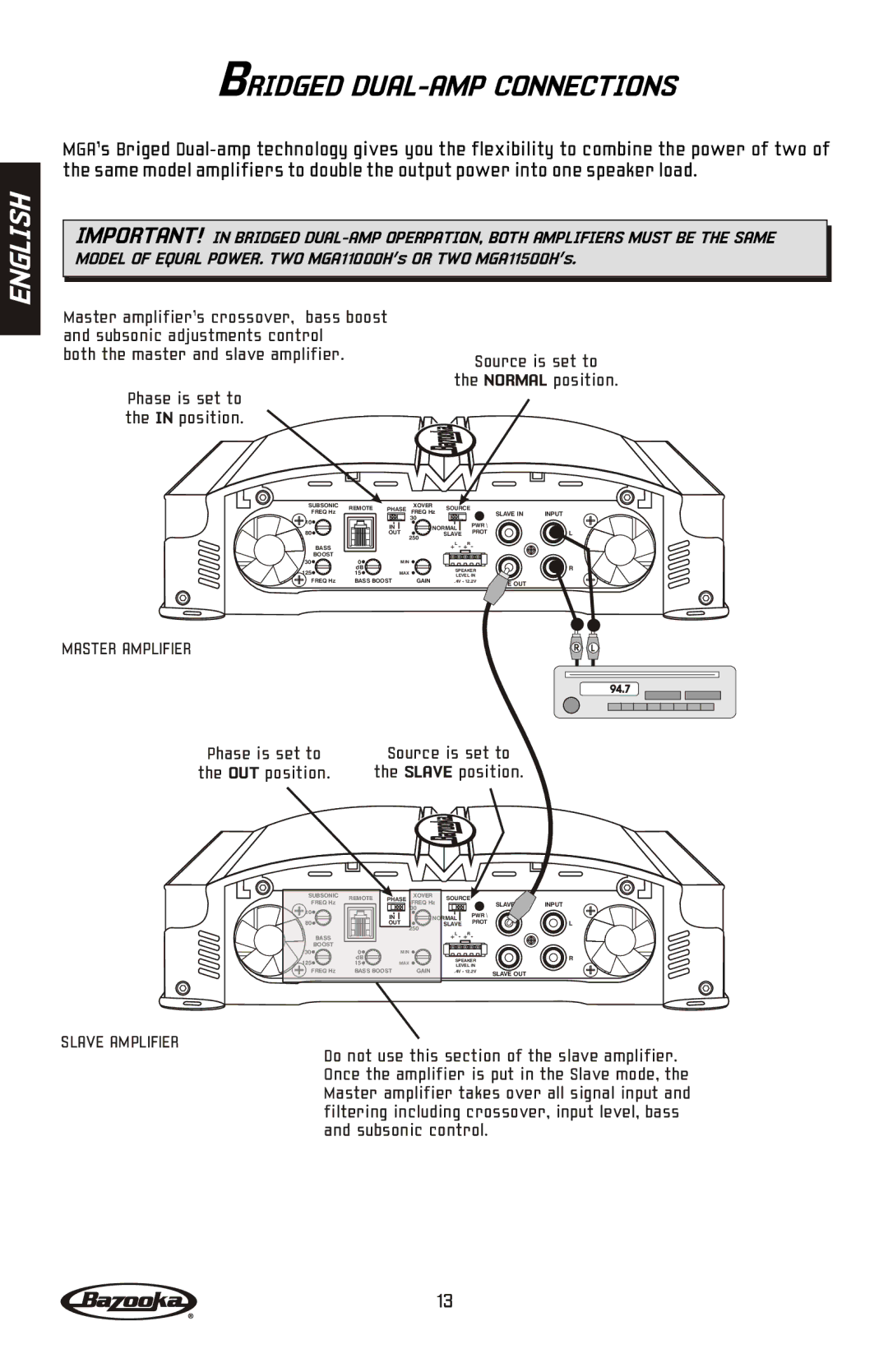 Bazooka MGA11500H, MGA11000H manual Bridged DUAL-AMP Connections, Master Amplifier 