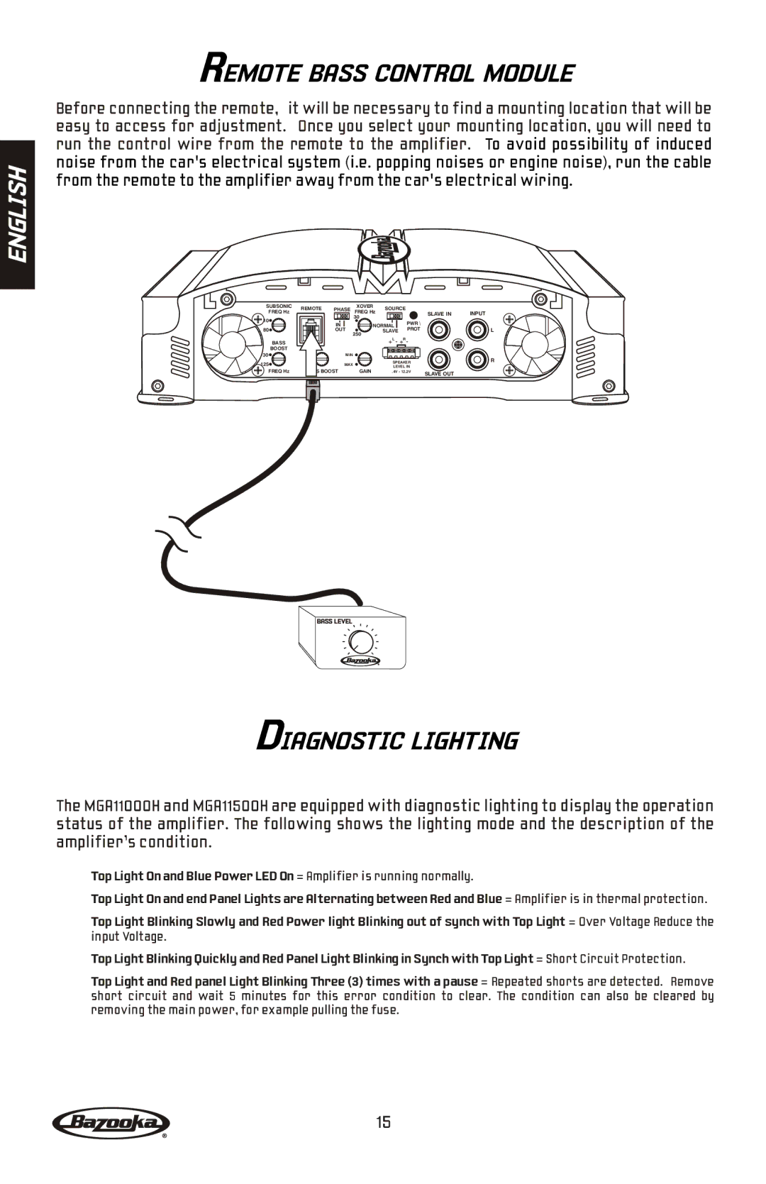 Bazooka MGA11500H, MGA11000H manual Remote Bass Control Module, Diagnostic Lighting 