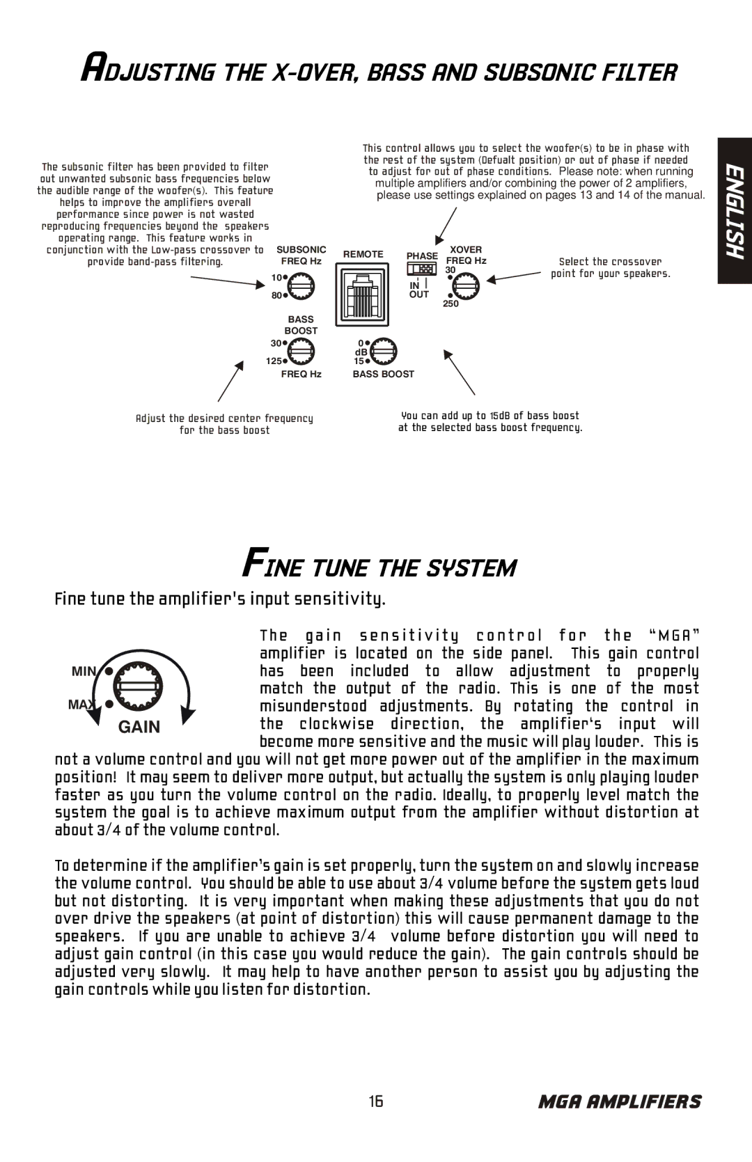 Bazooka MGA11000H, MGA11500H manual Fine Tune the System, Adjusting the X-OVER, Bass and Subsonic Filter 