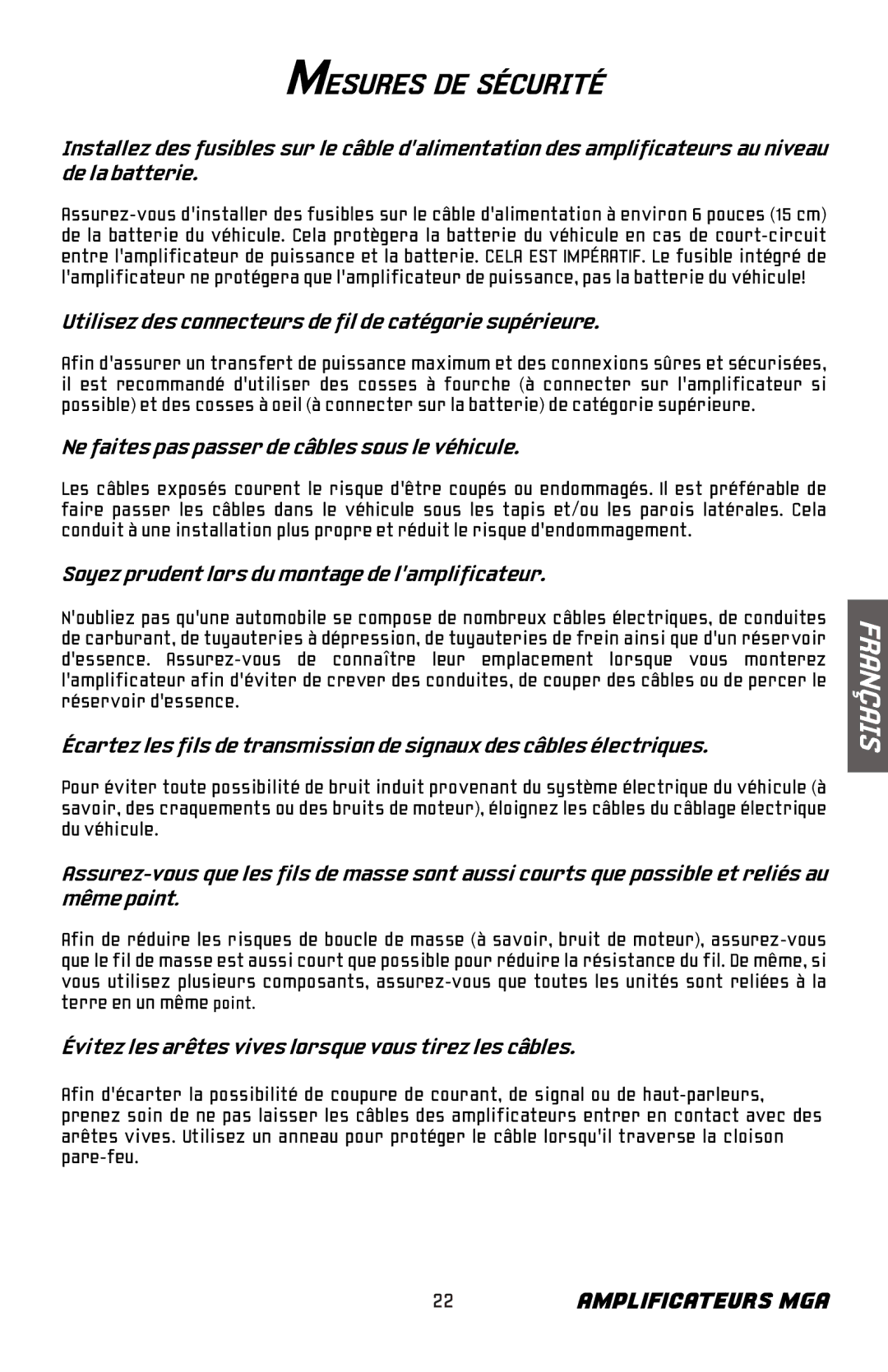 Bazooka MGA11000H, MGA11500H manual Mesures DE Sécurité, Utilisez des connecteurs de fil de catégorie supérieure 