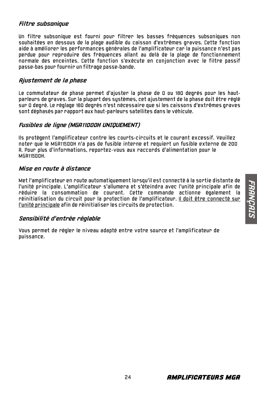 Bazooka Filtre subsonique, Ajustement de la phase, Fusibles de ligne MGA11000H Uniquement, Mise en route à distance 