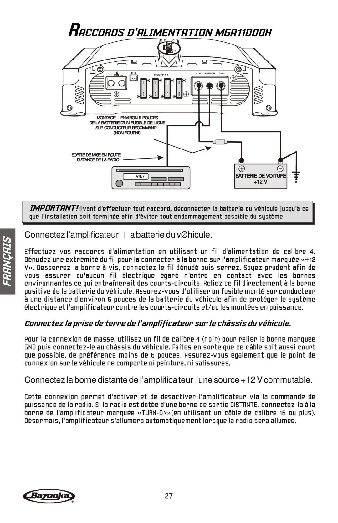 Bazooka MGA11500H manual Raccords Dalimentation MGA11000H, Connectez lamplificateur à la batterie du véhicule 