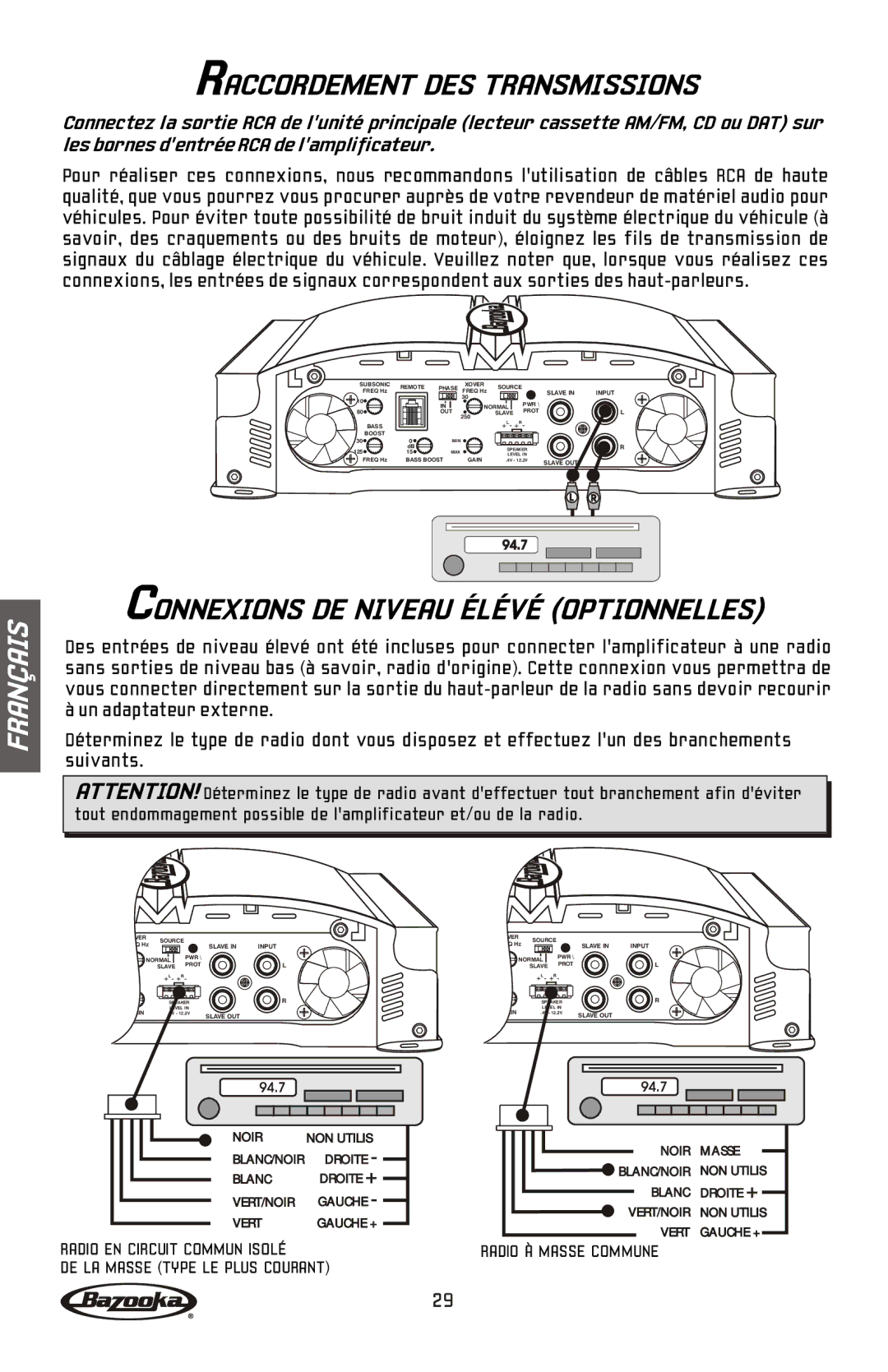 Bazooka MGA11500H, MGA11000H manual Raccordement DES Transmissions, Connexions DE Niveau Élévé Optionnelles 