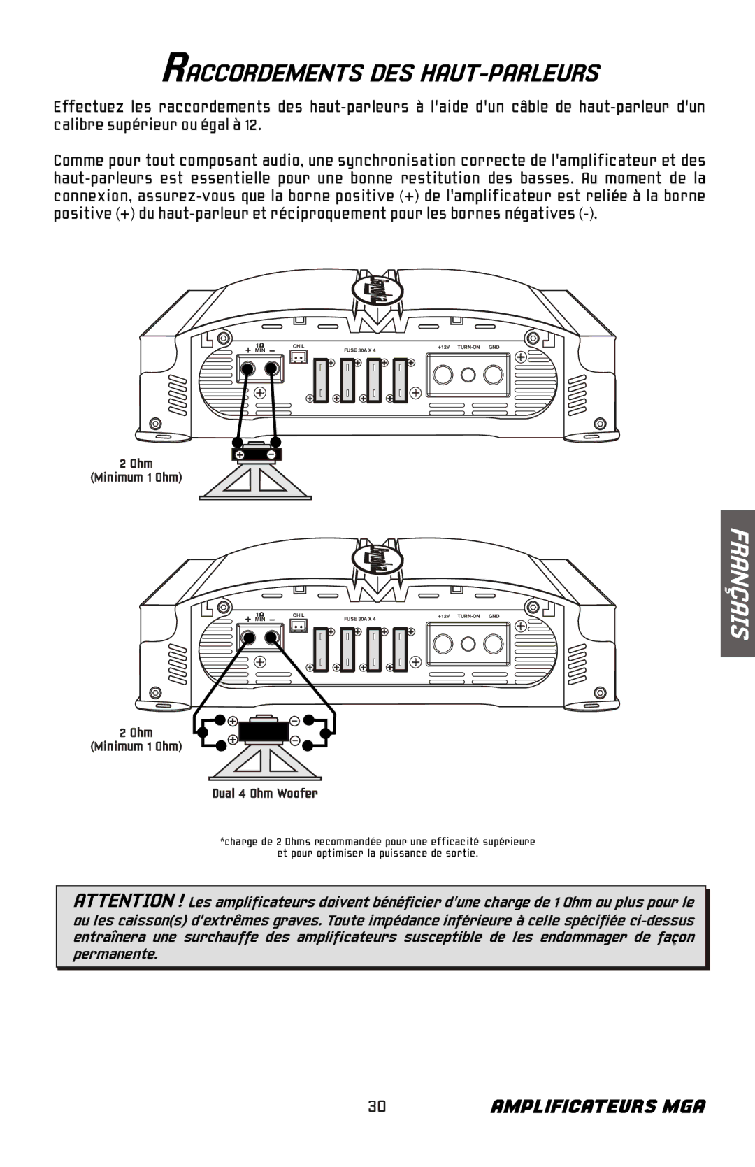 Bazooka MGA11000H, MGA11500H manual Raccordements DES HAUT-PARLEURS, Dual 4 Ohm Woofer 