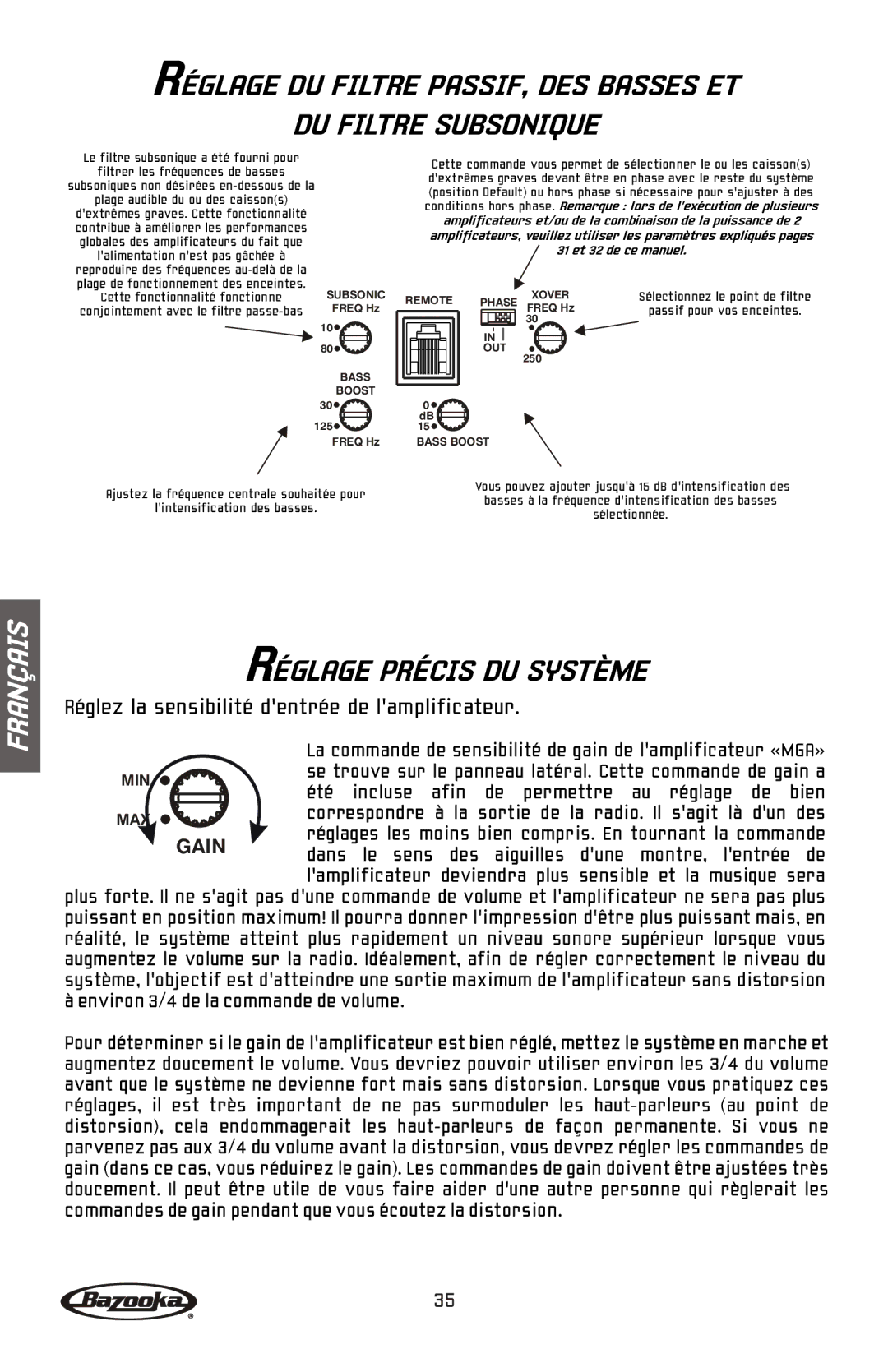 Bazooka MGA11500H, MGA11000H manual DU Filtre Subsonique, Réglage Précis DU Système 