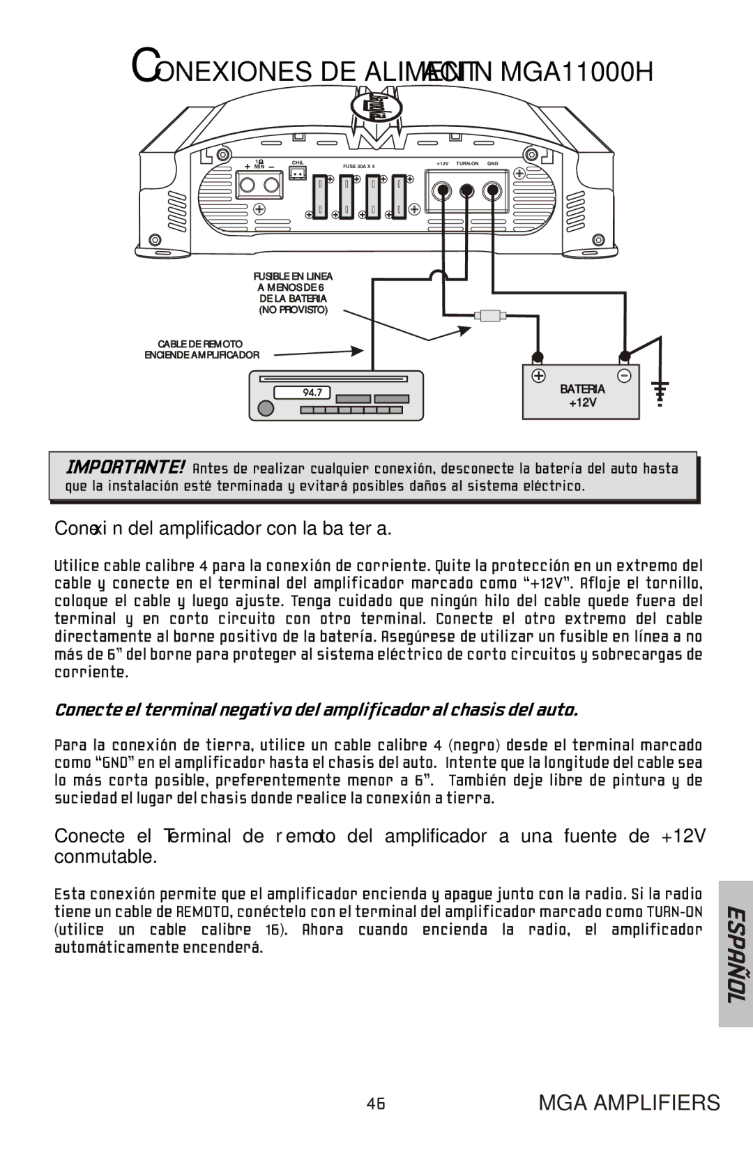 Bazooka MGA11500H manual Conexiones DE Alimentación MGA11000H, Conexión del amplificador con la batería 