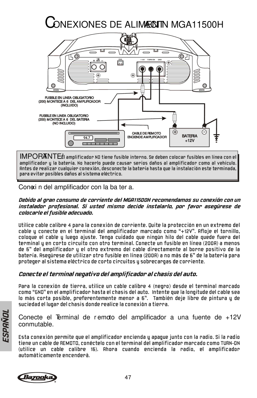 Bazooka MGA11000H manual Conexiones DE Alimentación MGA11500H 