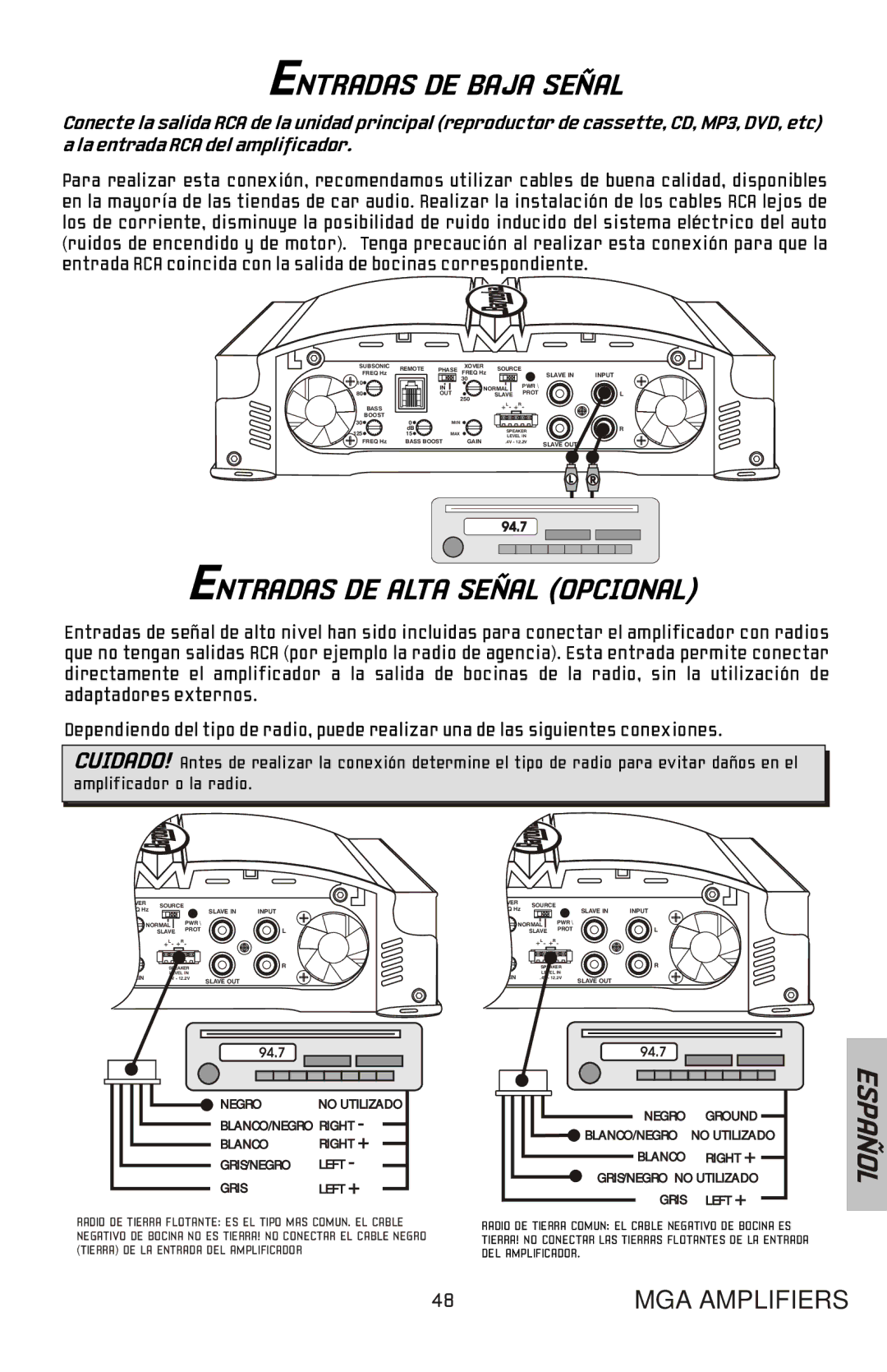 Bazooka MGA11000H, MGA11500H manual Entradas DE Baja Señal, Entradas DE Alta Señal Opcional 