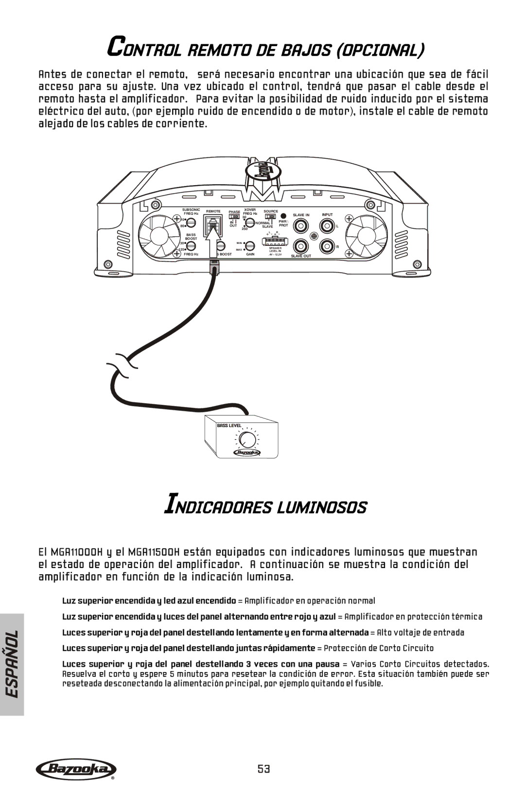 Bazooka MGA11500H, MGA11000H manual Control Remoto DE Bajos Opcional, Indicadores Luminosos 