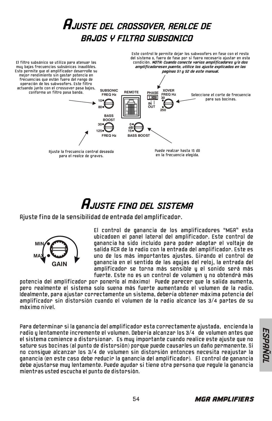Bazooka MGA11000H, MGA11500H manual Ajuste DEL CROSSOVER, Realce DE Bajos Y Filtro Subsonico, Ajuste Fino DEL Sistema 