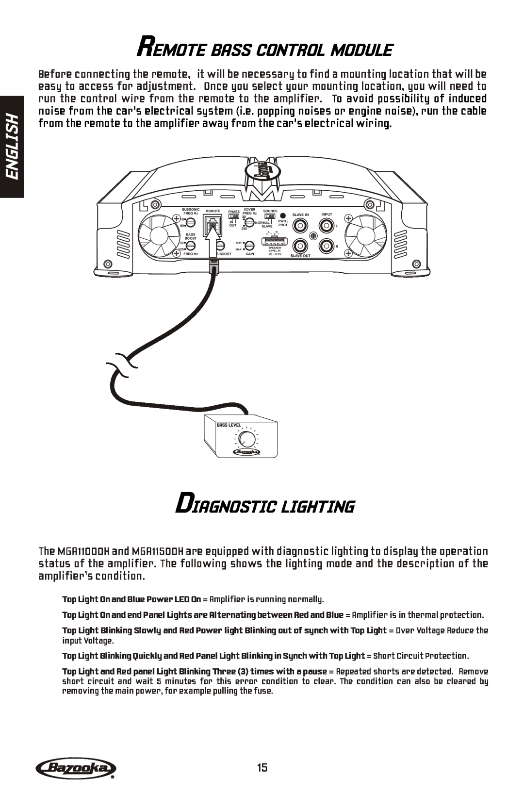 Bazooka MGA11500H, MGA11000H manual Remote Bass Control Module, Diagnostic Lighting, English 