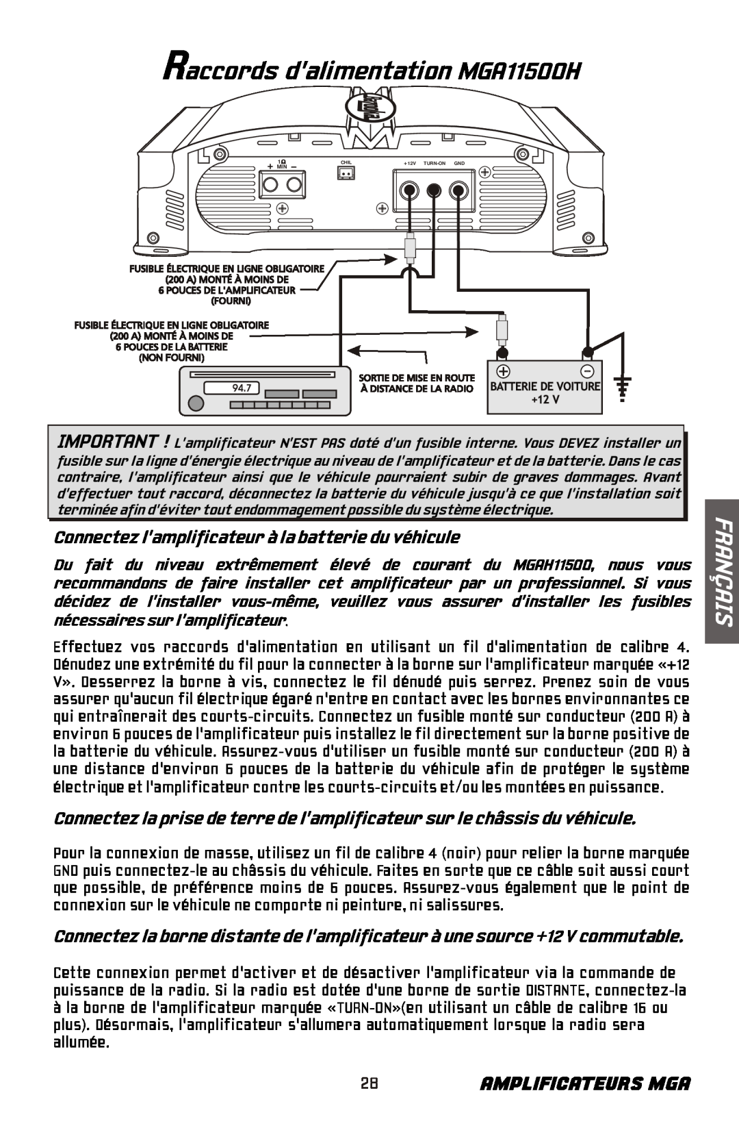 Bazooka MGA11000H manual Raccords dalimentation MGA11500H, 28AMPLIFICATEURS MGA, Français 