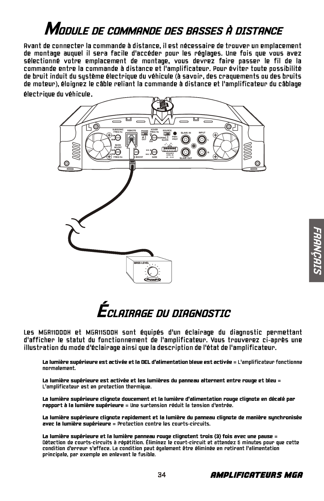 Bazooka MGA11000H manual Éclairage Du Diagnostic, Module De Commande Des Basses À Distance, 34AMPLIFICATEURS MGA, Français 