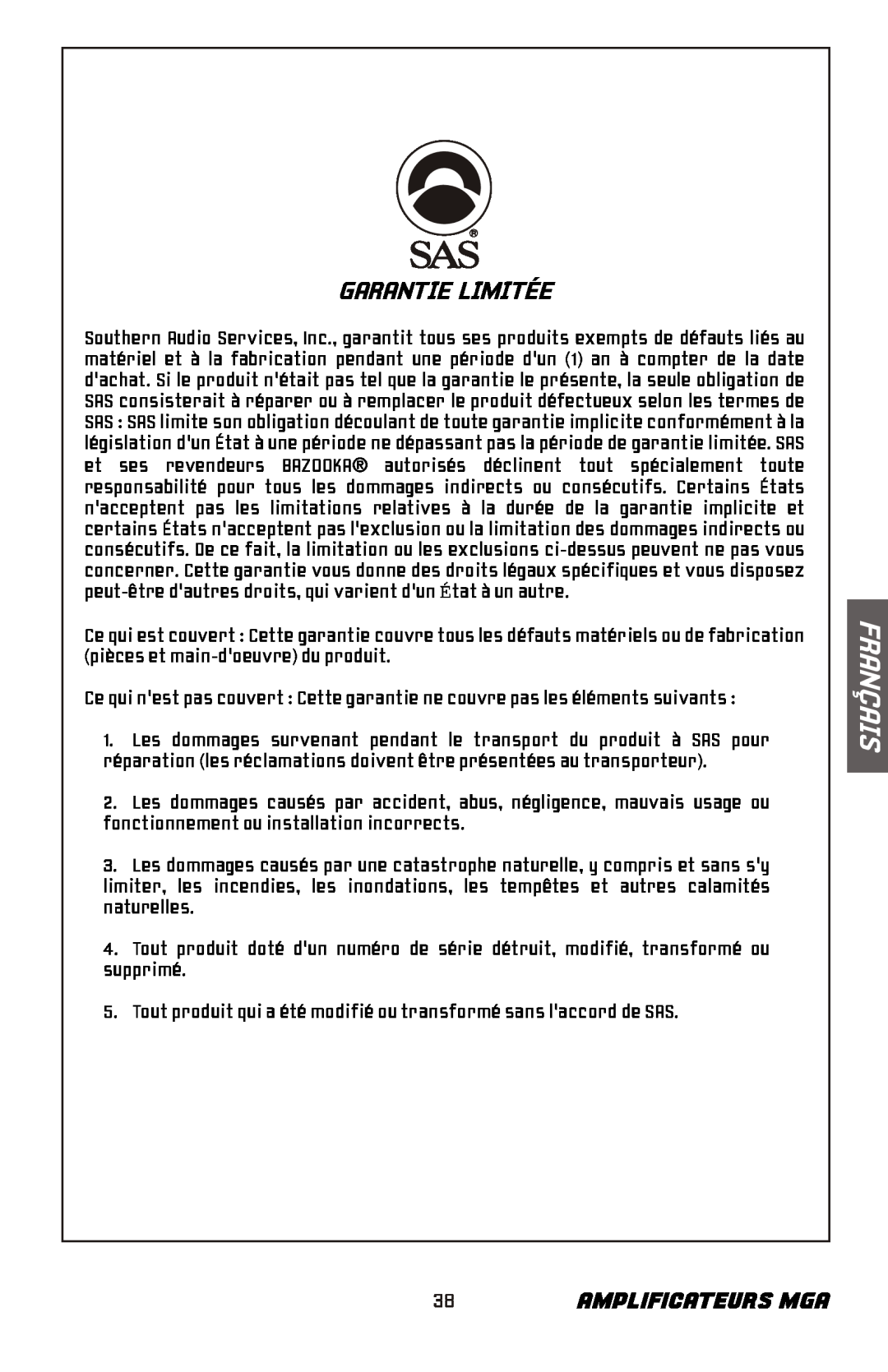 Bazooka MGA11000H, MGA11500H manual Garantie Limitée, 38AMPLIFICATEURS MGA, Français 