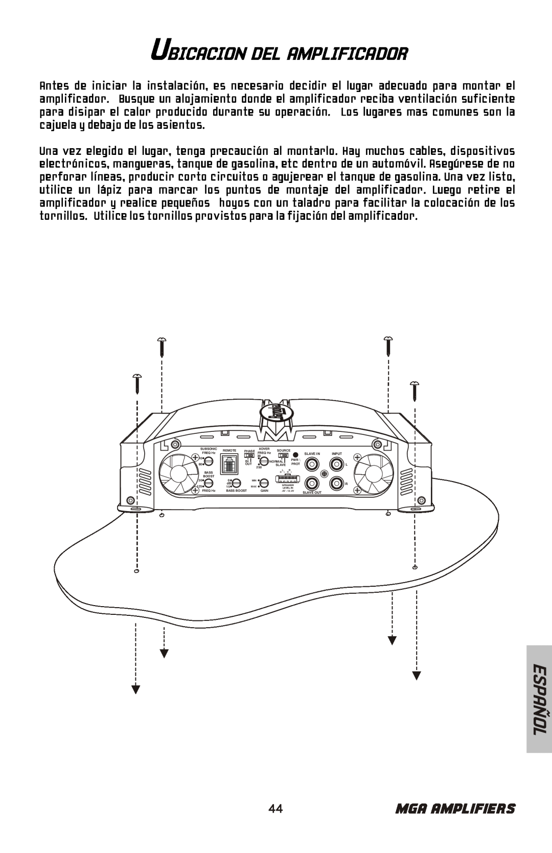 Bazooka MGA11000H, MGA11500H manual Ubicacion Del Amplificador, Español, Mga Amplifiers 