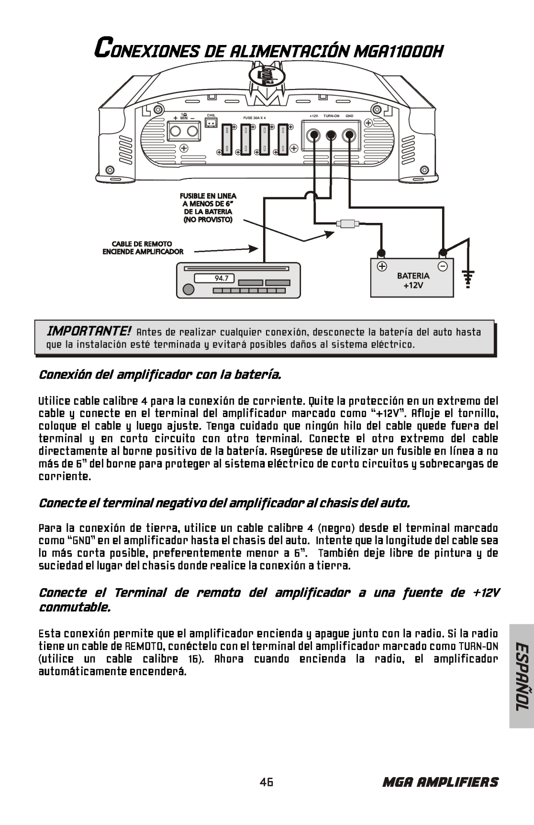 Bazooka manual CONEXIONES DE ALIMENTACIÓN MGA11000H, Conexión del amplificador con la batería, Español, Mga Amplifiers 