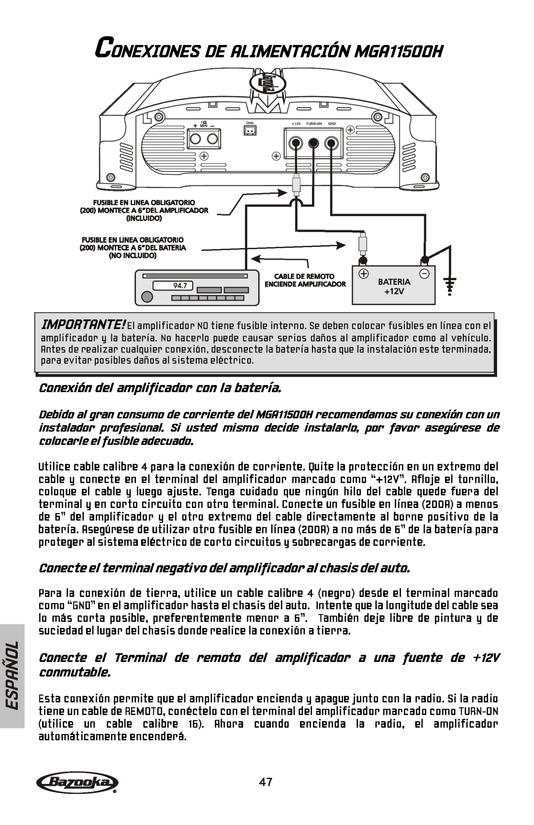Bazooka MGA11000H manual CONEXIONES DE ALIMENTACIÓN MGA11500H, Español, Conexión del amplificador con la batería 