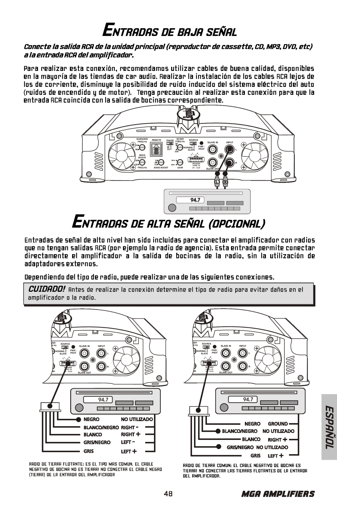 Bazooka MGA11000H, MGA11500H manual Entradas De Baja Señal, Entradas De Alta Señal Opcional, Español, Mga Amplifiers 