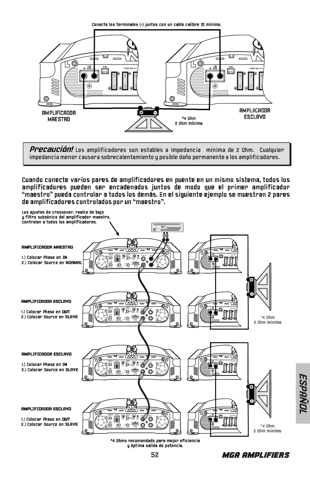 Bazooka MGA11000H, MGA11500H manual Español, Mga Amplifiers, Amplificador Maestro, Amplificador Esclavo 