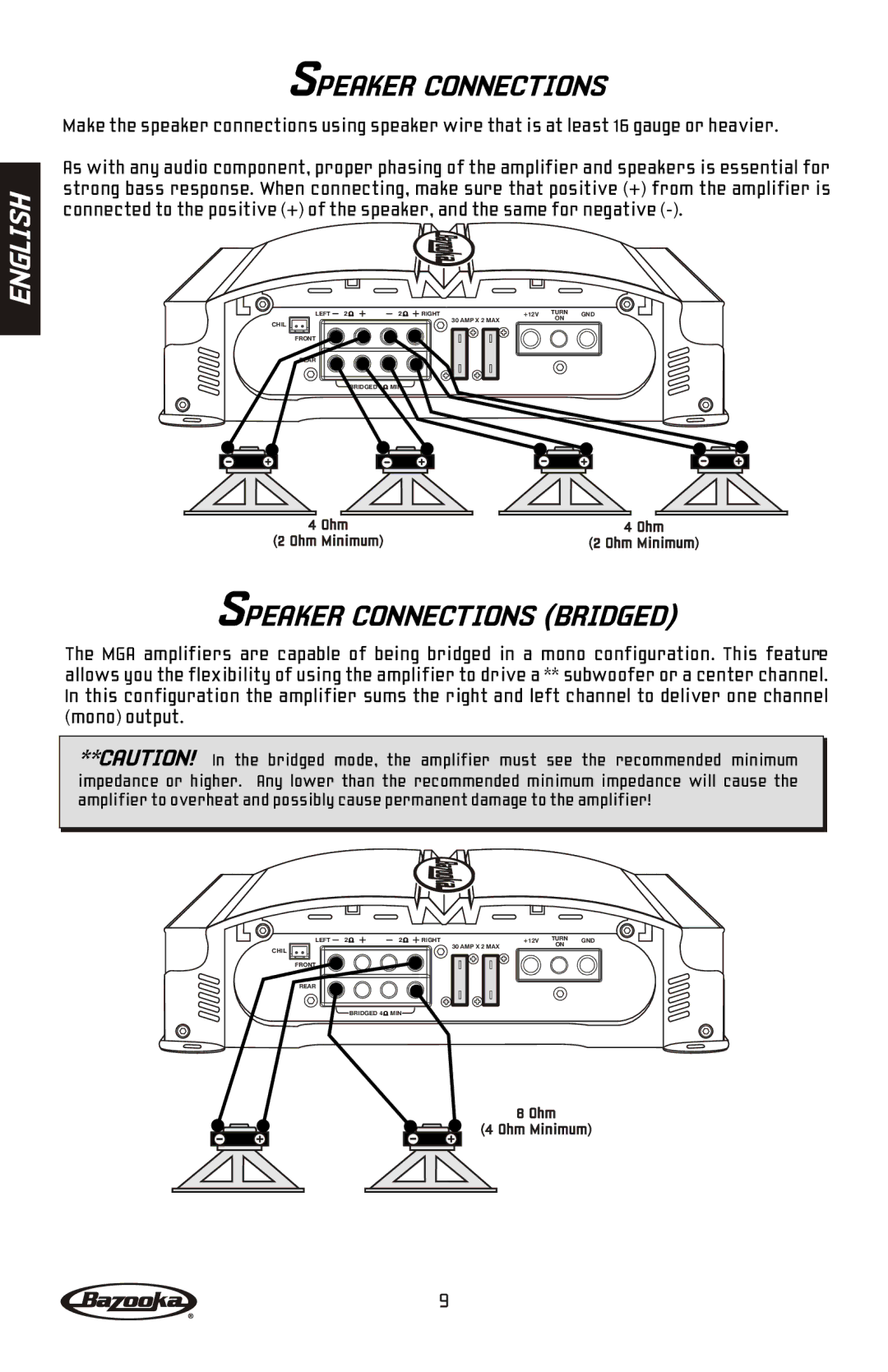 Bazooka MGA4150 manual Speaker Connections Bridged 