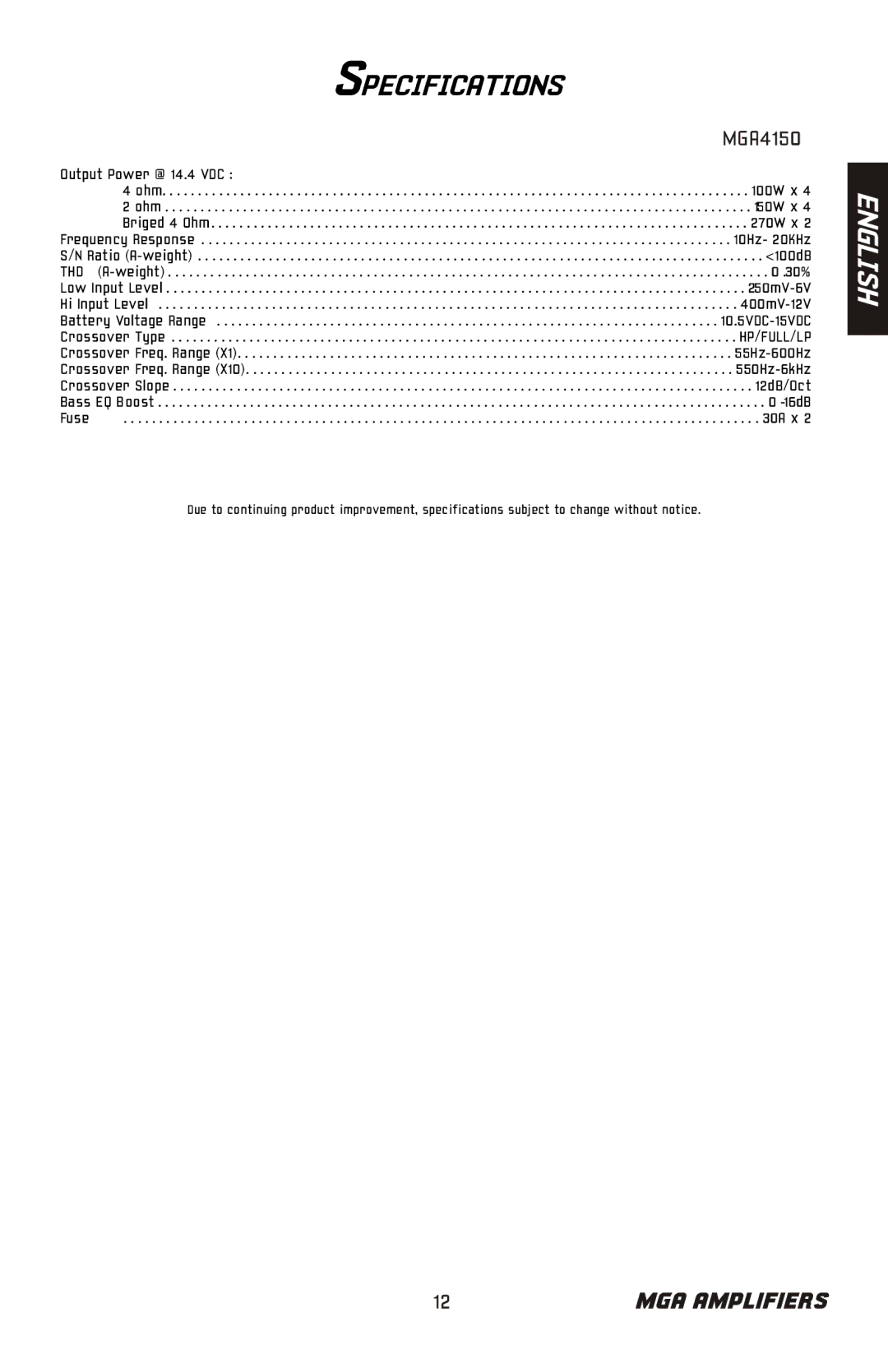 Bazooka MGA4150 manual Specifications 