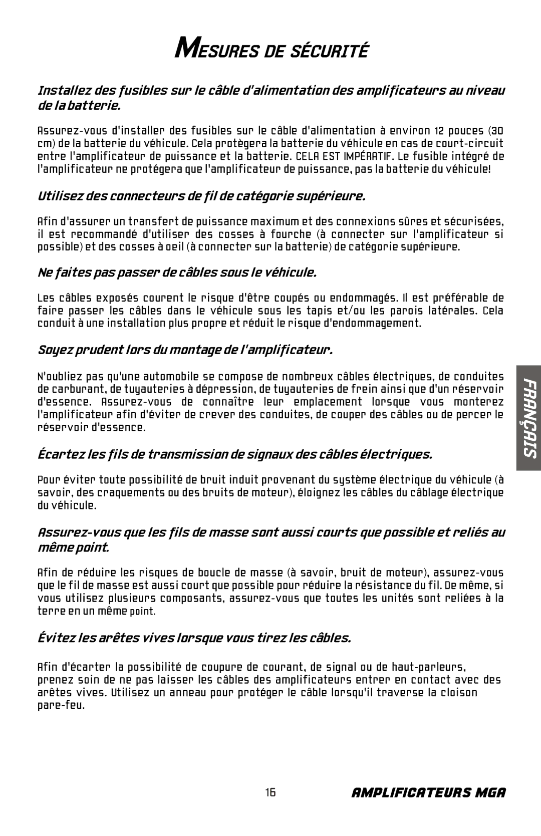 Bazooka MGA4150 manual Mesures DE Sécurité, Utilisez des connecteurs de fil de catégorie supérieure 