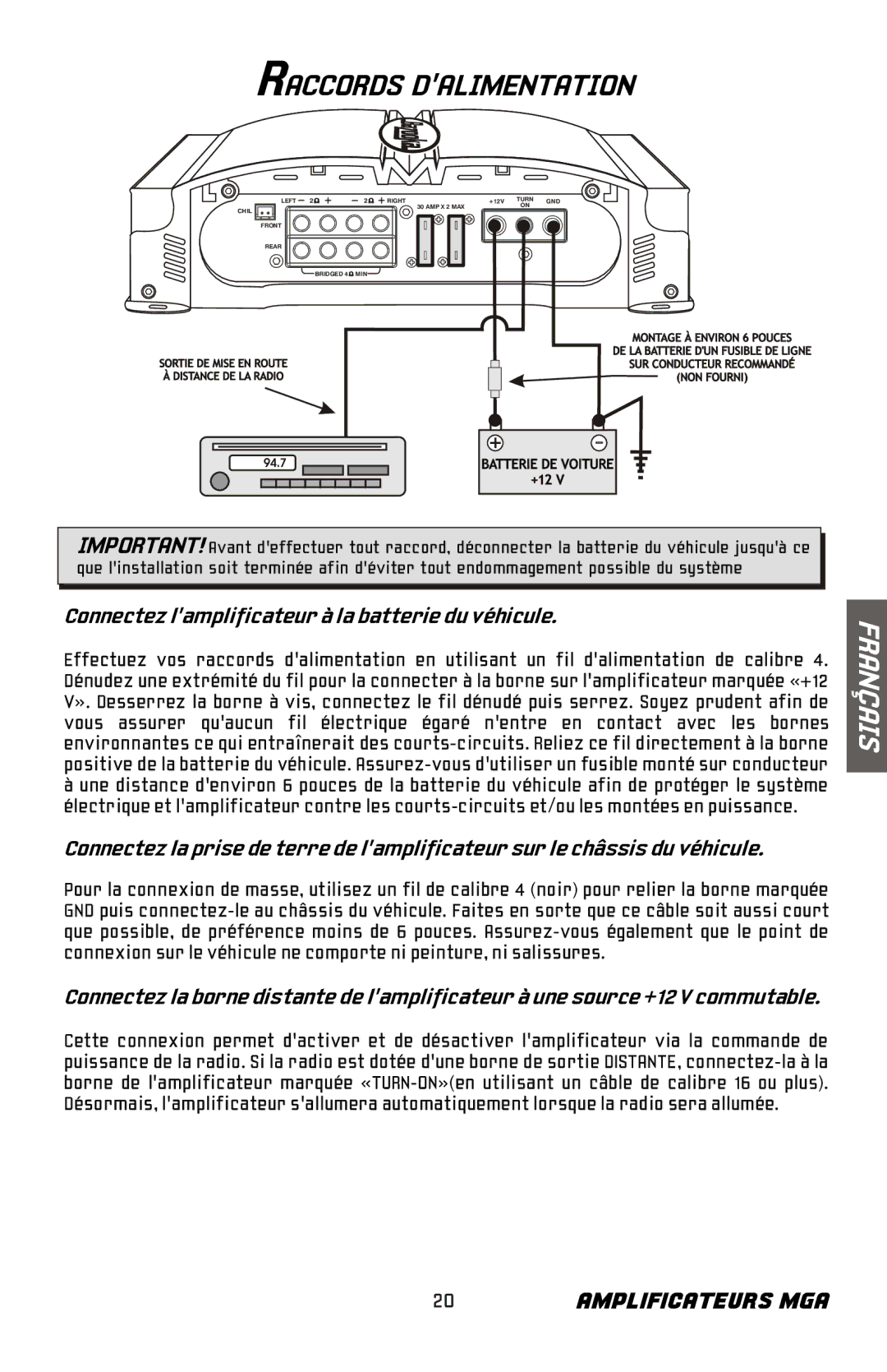 Bazooka MGA4150 manual Raccords Dalimentation, Connectez lamplificateur à la batterie du véhicule 