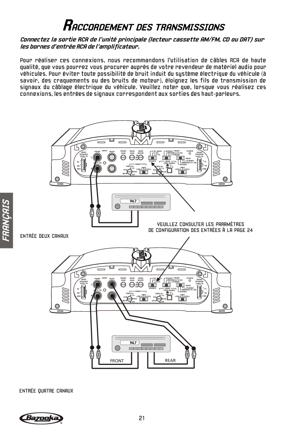 Bazooka MGA4150 manual Raccordement DES Transmissions 