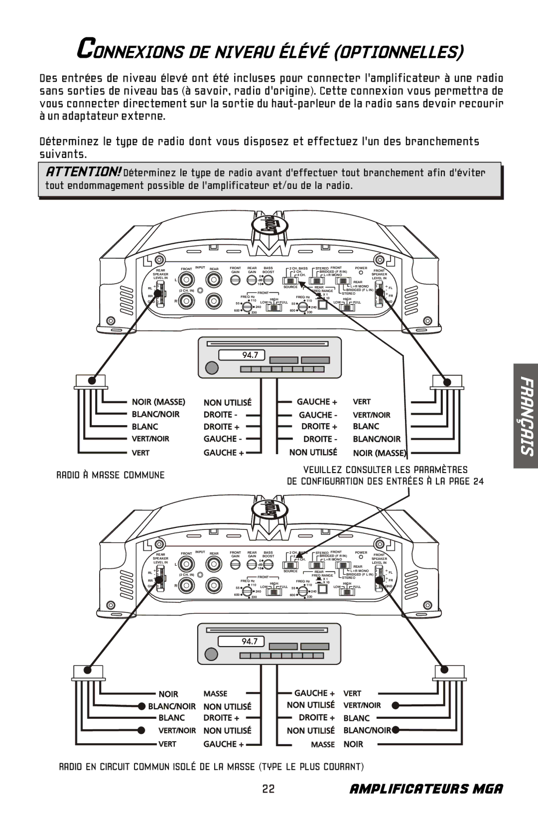 Bazooka MGA4150 manual Connexions DE Niveau Élévé Optionnelles 