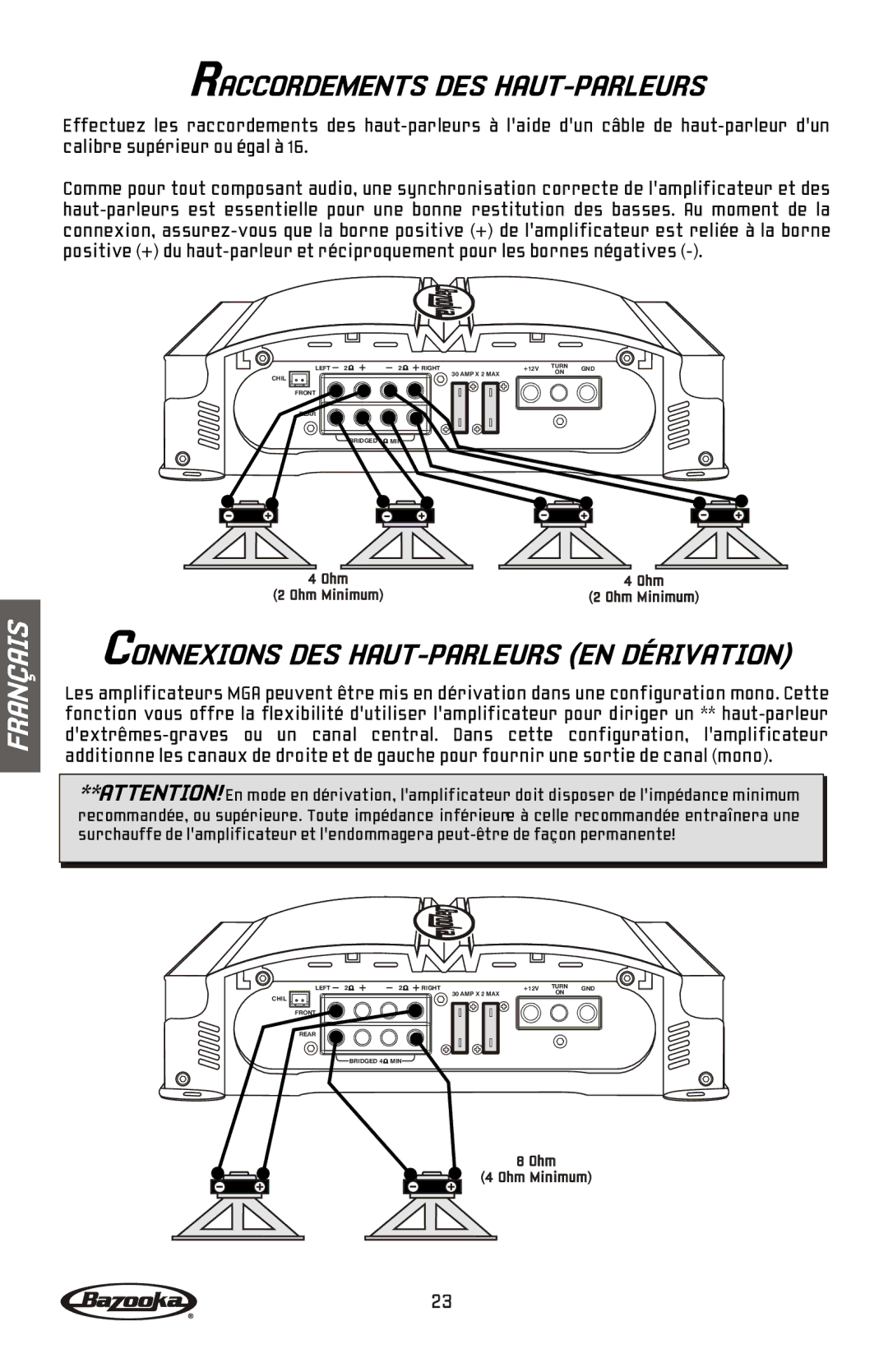 Bazooka MGA4150 manual Raccordements DES HAUT-PARLEURS, Connexions DES HAUT-PARLEURS EN Dérivation 