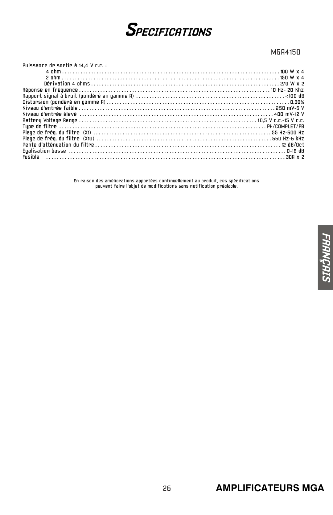 Bazooka MGA4150 manual Specifications, Puissance de sortie à 14,4 V c.c 