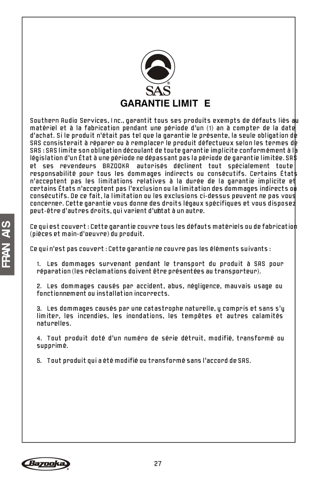 Bazooka MGA4150 manual Garantie Limitée 