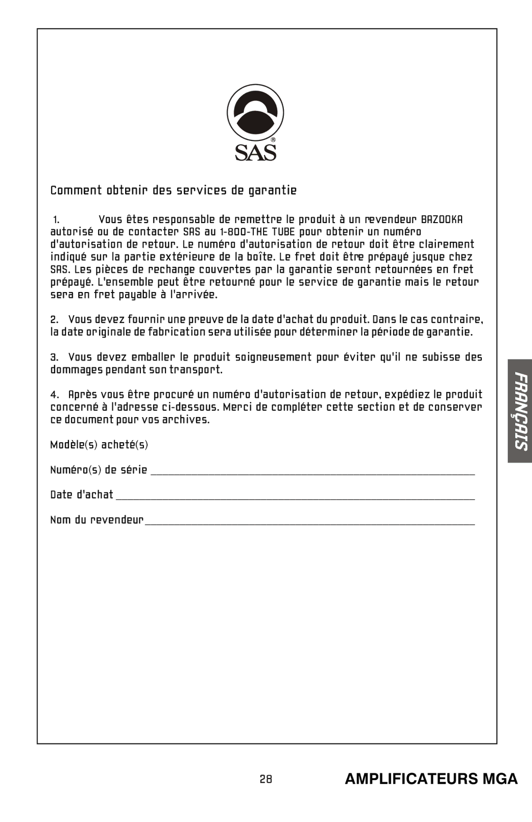 Bazooka MGA4150 manual Comment obtenir des services de garantie 