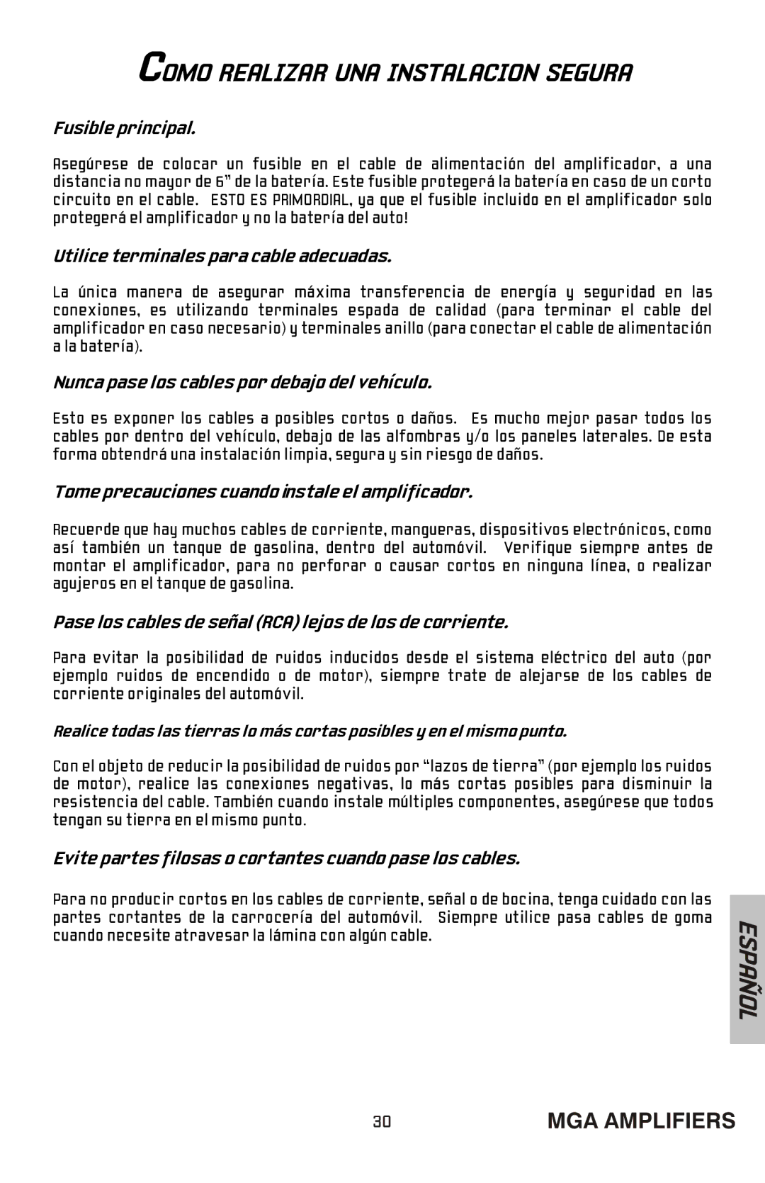 Bazooka MGA4150 Fusible principal, Utilice terminales para cable adecuadas, Nunca pase los cables por debajo del vehículo 