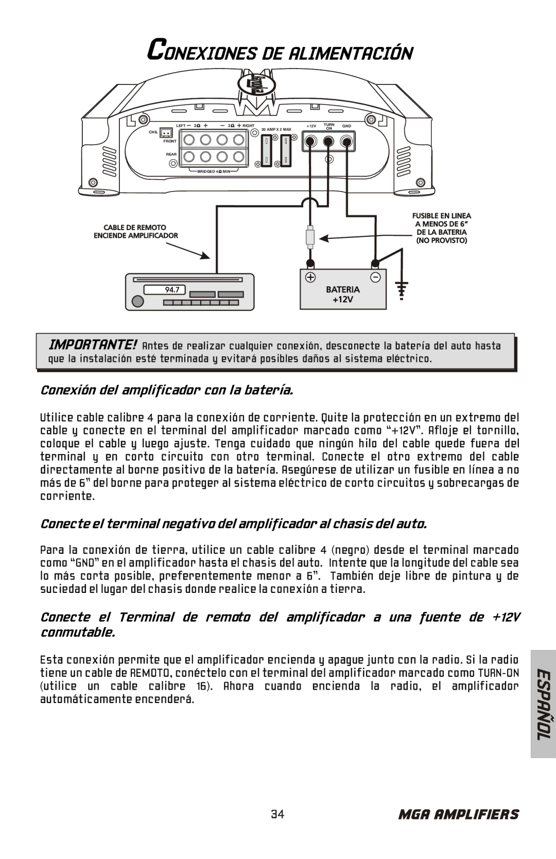 Bazooka MGA4150 manual Conexiones DE Alimentación, Conexión del amplificador con la batería 