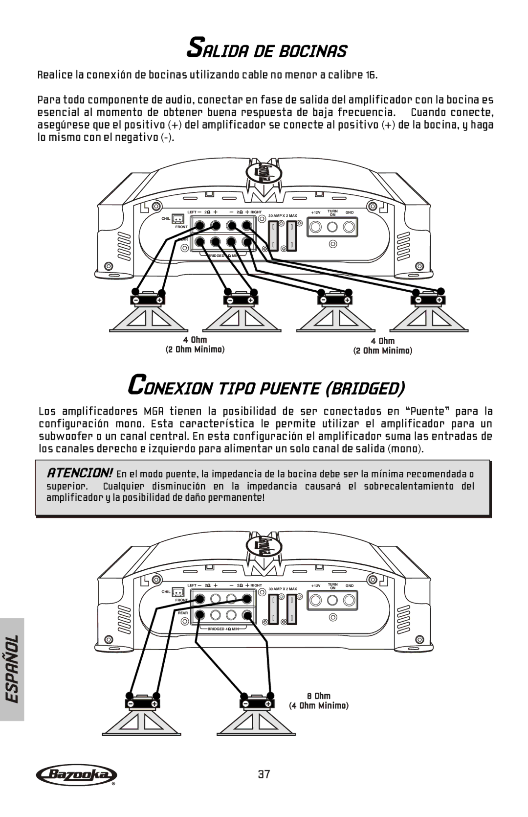 Bazooka MGA4150 manual Salida DE Bocinas, Conexion Tipo Puente Bridged 