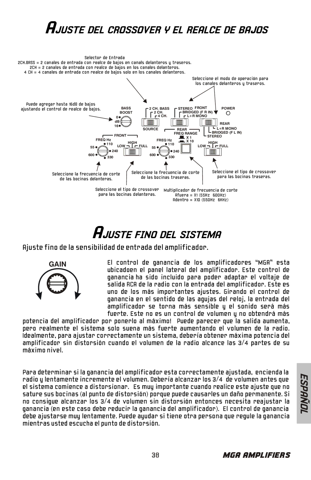 Bazooka MGA4150 manual Ajuste Fino DEL Sistema, Ajuste DEL Crossover Y EL Realce DE Bajos 