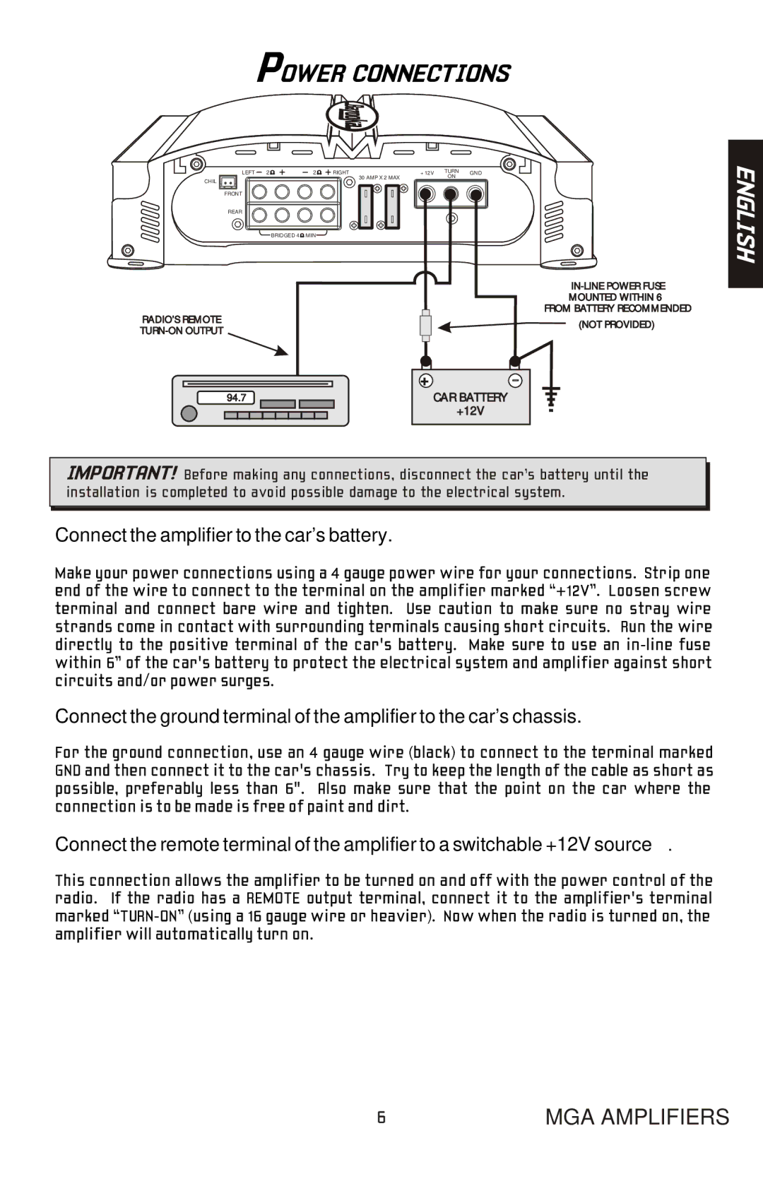 Bazooka MGA4150 manual Power Connections, English 