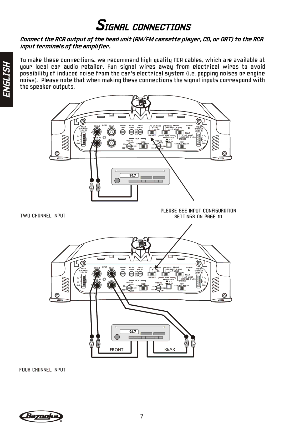 Bazooka MGA4150 manual Signal Connections, TWO Channel Input 