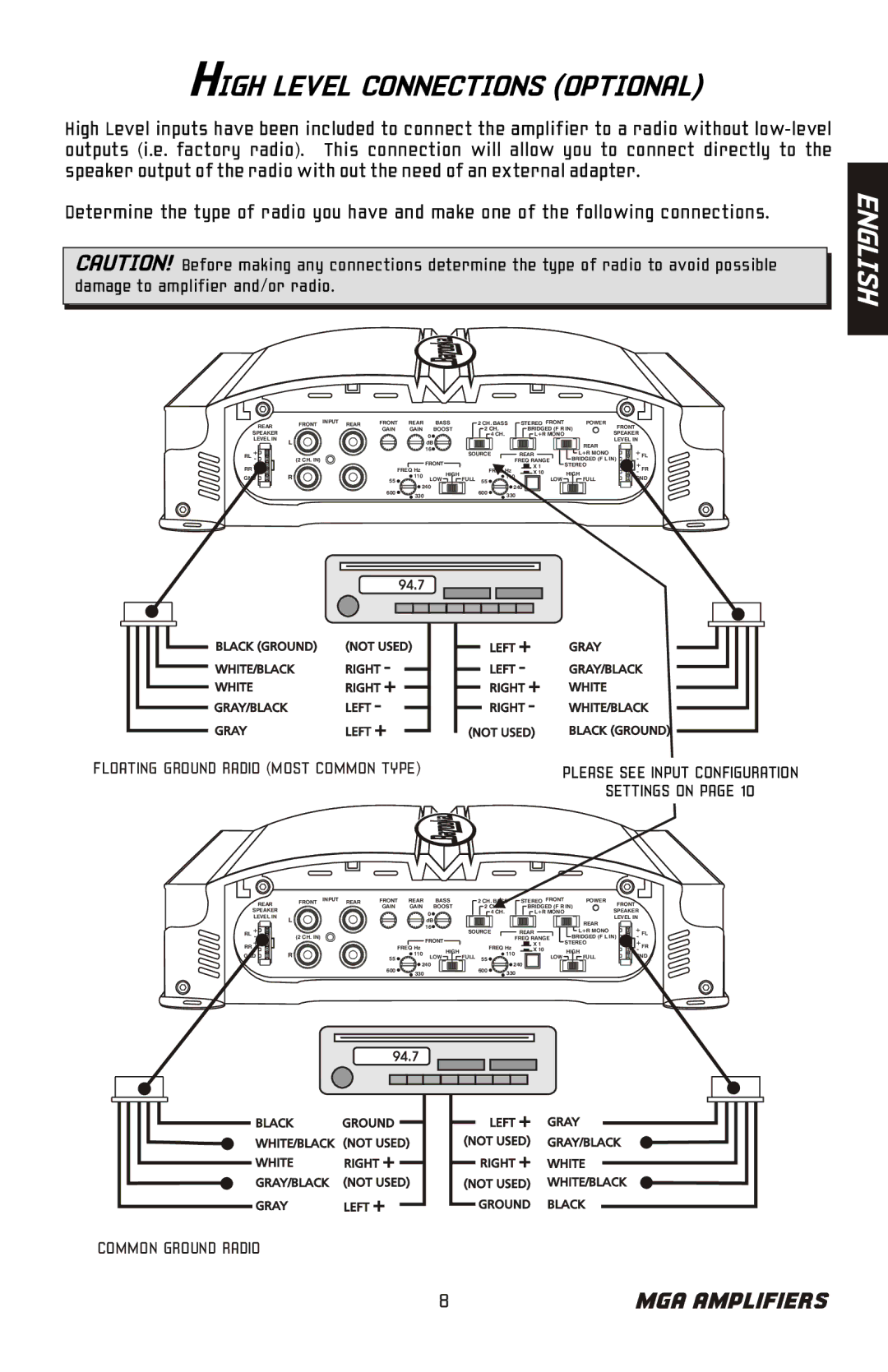 Bazooka MGA4150 manual High Level Connections Optional, Settings on 