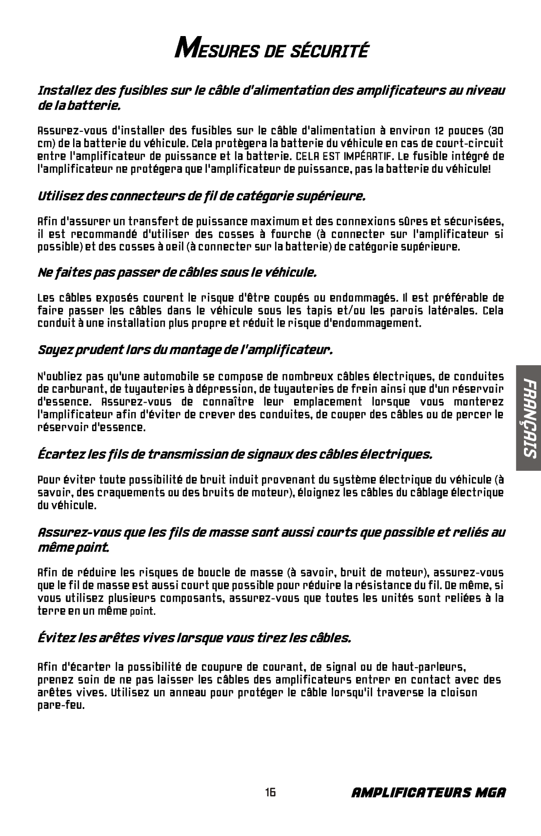 Bazooka MGA4150 manual Mesures De Sécurité, 16AMPLIFICATEURS MGA, Ne faites pas passer de câbles sous le véhicule, Français 
