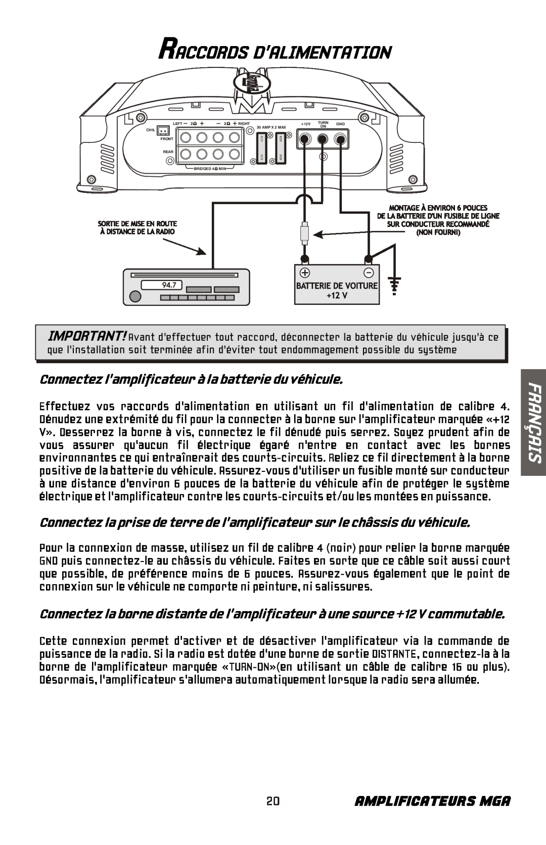 Bazooka MGA4150 manual Raccords Dalimentation, 20AMPLIFICATEURS MGA, Français 
