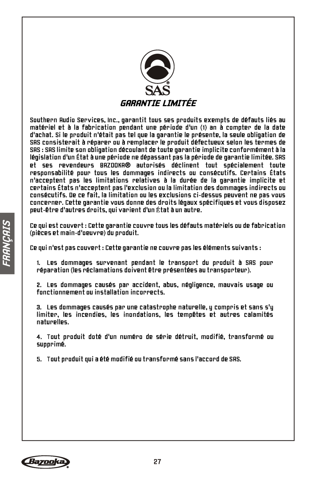 Bazooka MGA4150 manual Garantie Limitée, Français 
