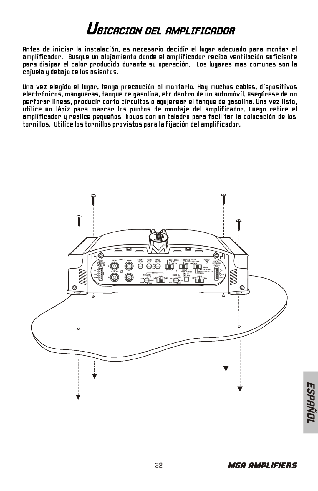 Bazooka MGA4150 manual Ubicacion Del Amplificador, Español, Mga Amplifiers 