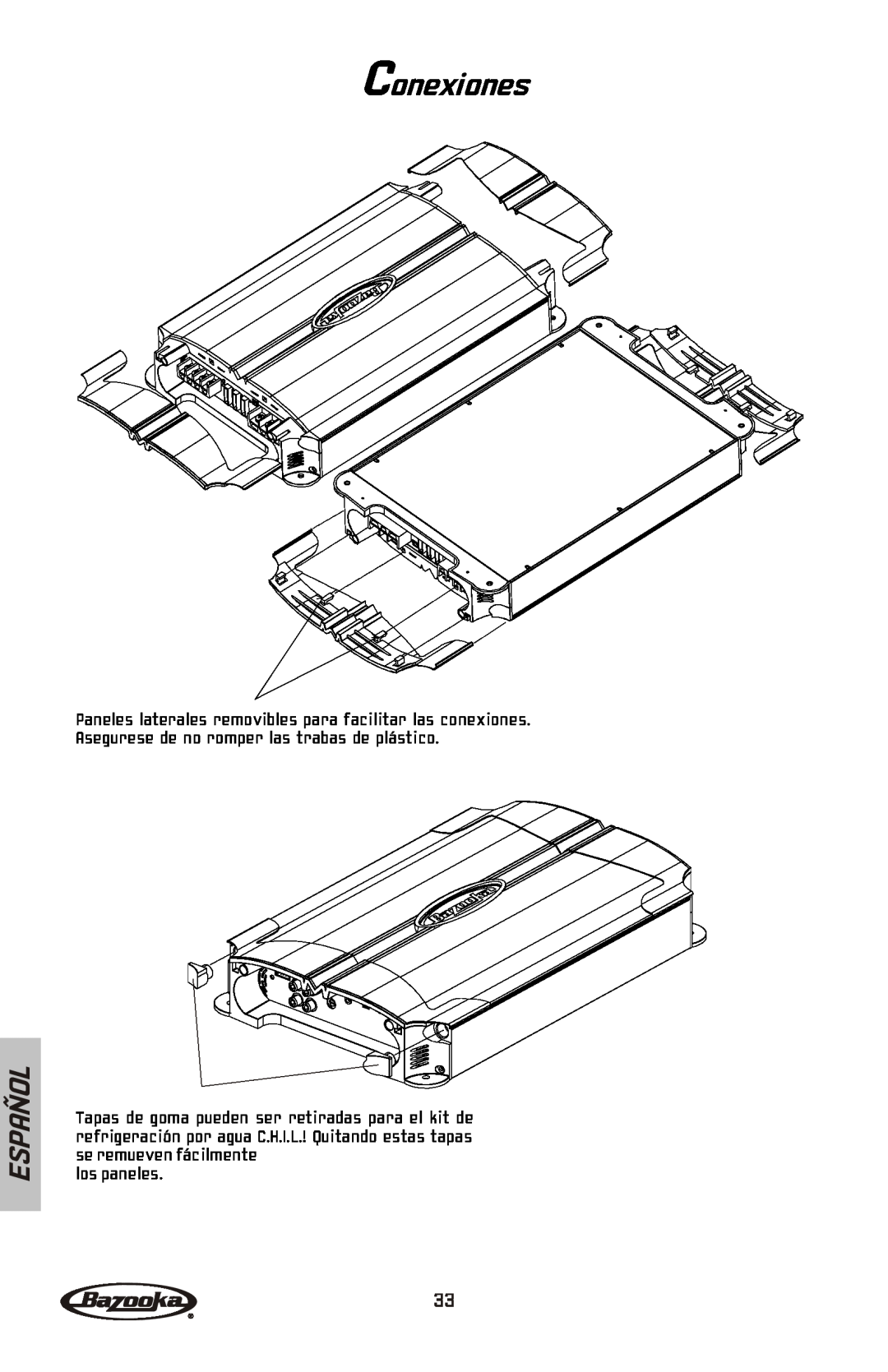 Bazooka MGA4150 manual Conexiones, Español, los paneles 