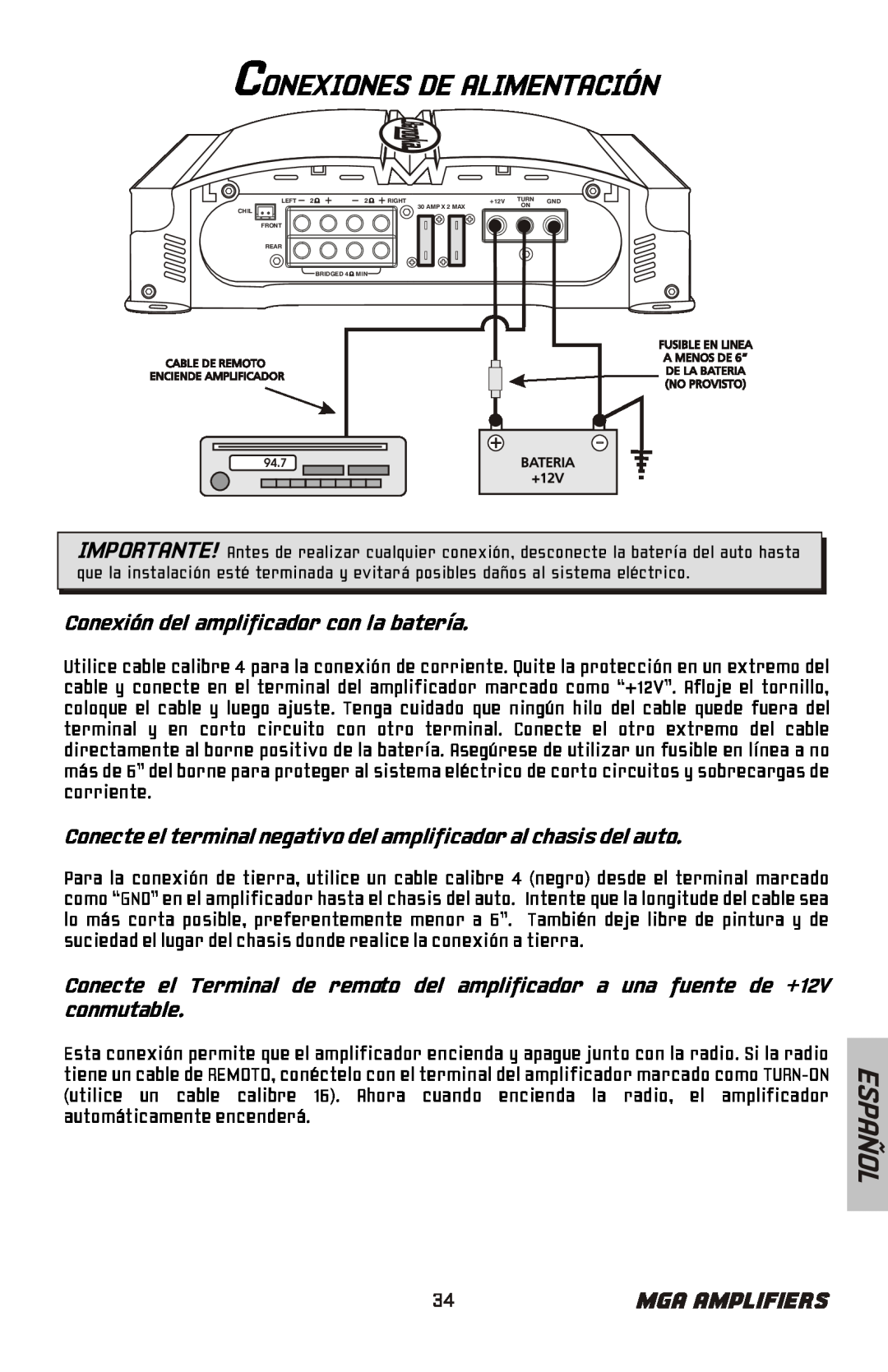 Bazooka MGA4150 manual Conexiones De Alimentación, Conexión del amplificador con la batería, Español, Mga Amplifiers 